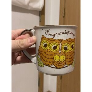 Retro Owl Mug Speckled Stoneware Owlet Baby Congratulations Vintage